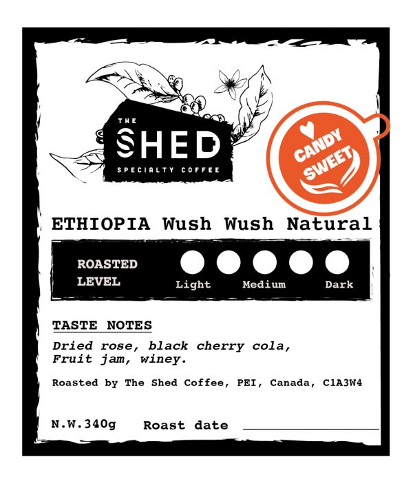 Ethiopia Wush Wush Natural specialty coffee with taste notes of dried rose, black cherry cola, fruit jam, and wine. Roasted by The Shed Coffee, PEI, Canada, C1A3W4. Net weight 340g.