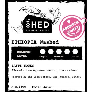 Ethiopia Washed specialty coffee beans with taste notes of floral, lemongrass, melon, and nectarine. Roasted by The Shed Coffee, PEI, Canada, C1A 3W4.