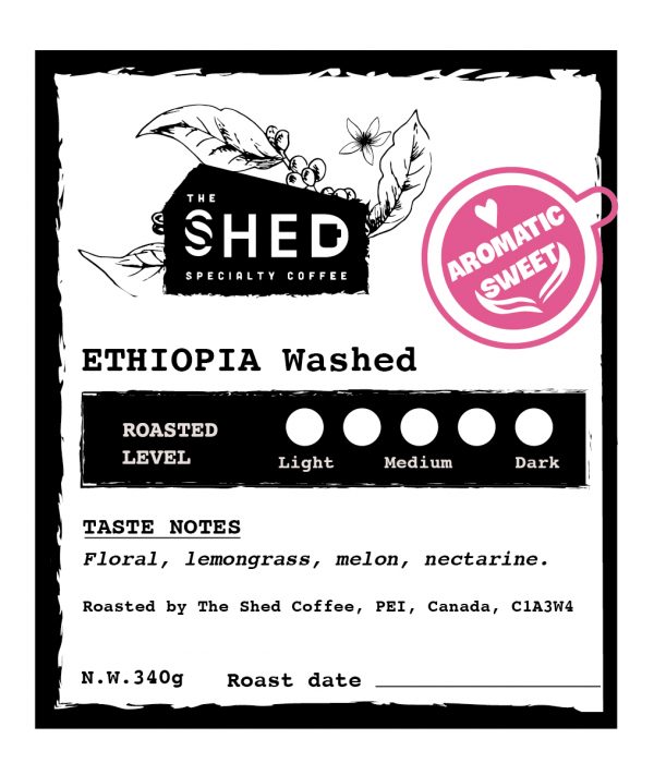 Ethiopia Washed specialty coffee beans with taste notes of floral, lemongrass, melon, and nectarine. Roasted by The Shed Coffee, PEI, Canada, C1A 3W4.